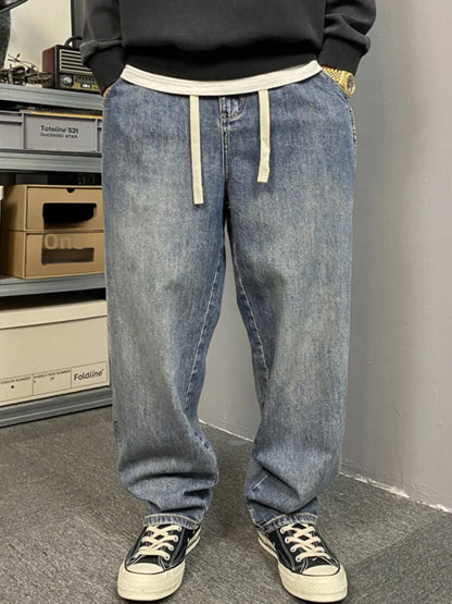 American Style Casual Faded Loose Straight Leg Jeans for Men Spring Autumn Wear Comfortable Wide Leg Pants Youth Fashion