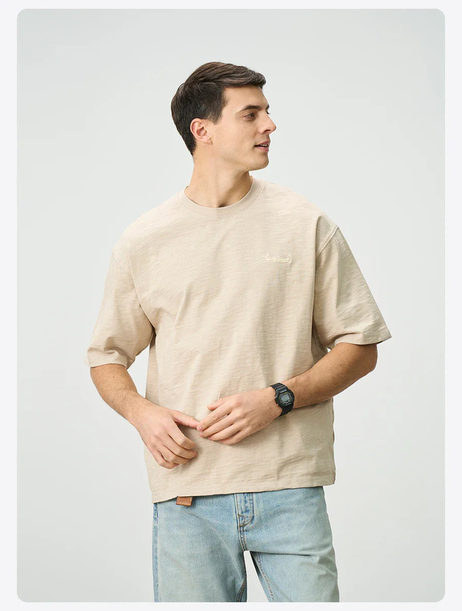 Summer New Super Loose Heavyweight 300gsm Slub Cotton T-shirts Men Letter Embroidery Tops