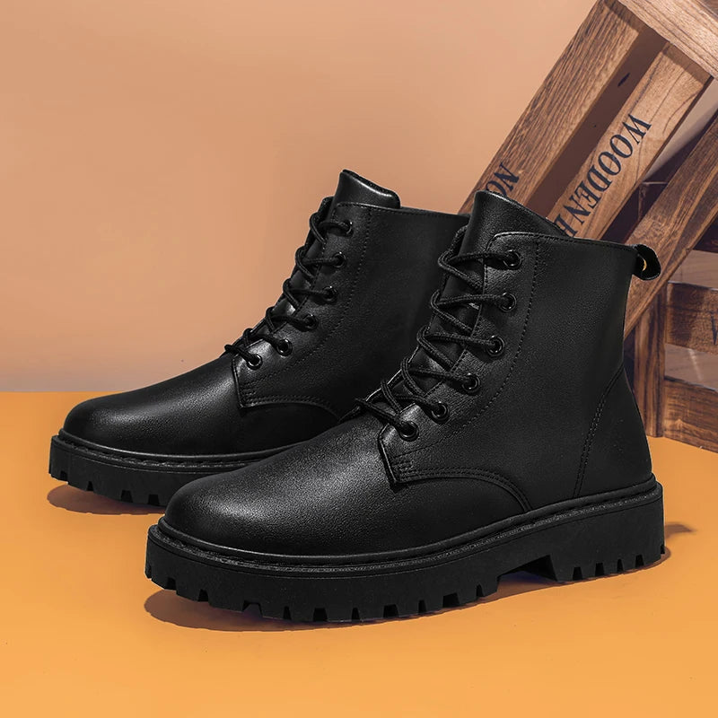 Men Shoes Autumn Anti Slip Waterproof High Top Black Lace Up Casual Leather Shoes Platform Boots Fashion Trend Motorcycle Boots