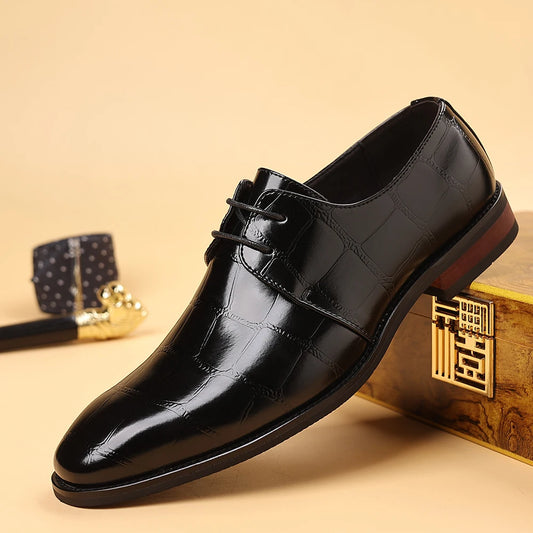 Fashionable Crocodile Print Men's Solid Color Leather Oxford Shoe Formal Business Lace -Up Office Shoe Comfortable Wedding  Shoe