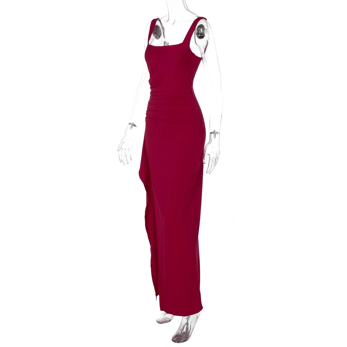 Women Elegant Solid Straps Slit Ruched Patchwork Sexy Bodycon Maxi Dress Summer Outfits Evening Party Birthday Festival