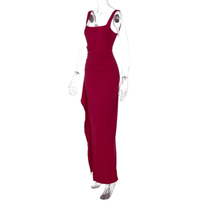 Women Elegant Solid Straps Slit Ruched Patchwork Sexy Bodycon Maxi Dress Summer Outfits Evening Party Birthday Festival