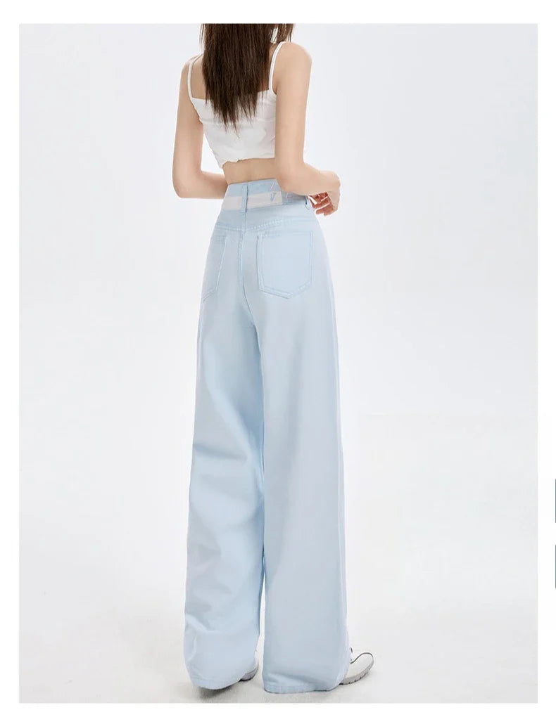 Loose Casual Wide Leg Denim Pants Summer New Thin 100% Cotton Women's High Waist Y2K Contrast Stitching All Match Baggy Jeans