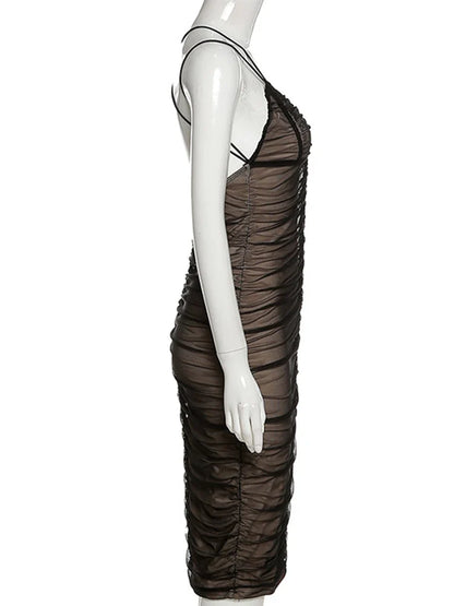 2025 Sexy Mesh Pleated Long Prom Dresses For Women's Clothing Solid Color Beach Party Wear Midi Wrap Dress Street Outfit