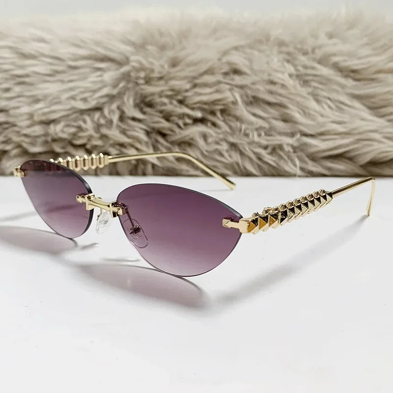 2026 Cat Eye Rivet Rimless Sunglasses Women Luxury Fashion Brand Oval Narrow Sun Glasses Shades Trendy Elegant Unique Eyewear