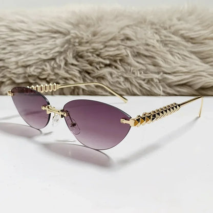2026 Cat Eye Rivet Rimless Sunglasses Women Luxury Fashion Brand Oval Narrow Sun Glasses Shades Trendy Elegant Unique Eyewear