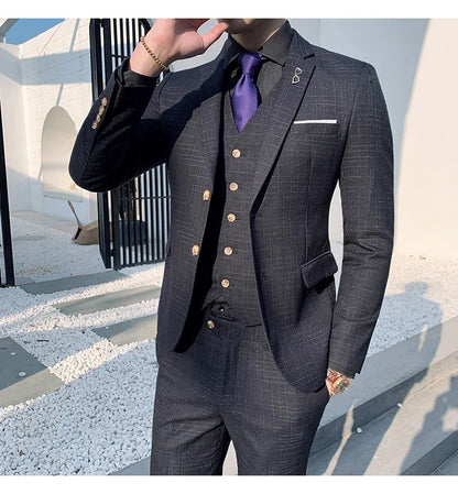 High Quality Slim-fit Men's Three-piece Suit with Vest And Trousers - Double Buckle Wedding Art Fabric Tough Man Suit