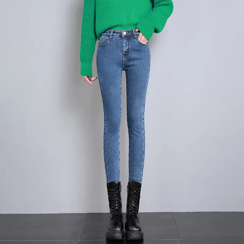New Winter Women Snow Thermal Fleece Skinny Jeans Casual Lady Warm Velvet Thick Pencil Pants Female Basic Fleece Denim Trousers