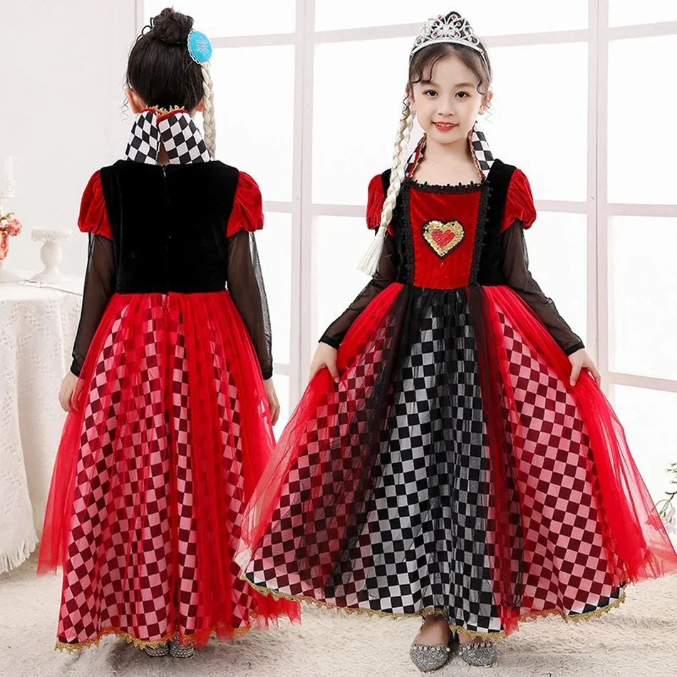 Girls Halloween Party Cosplay Red Queen Gown Clothes Kids Witch Long Sleeves Carnival Outfits Children Masquerade Fancy Costumes