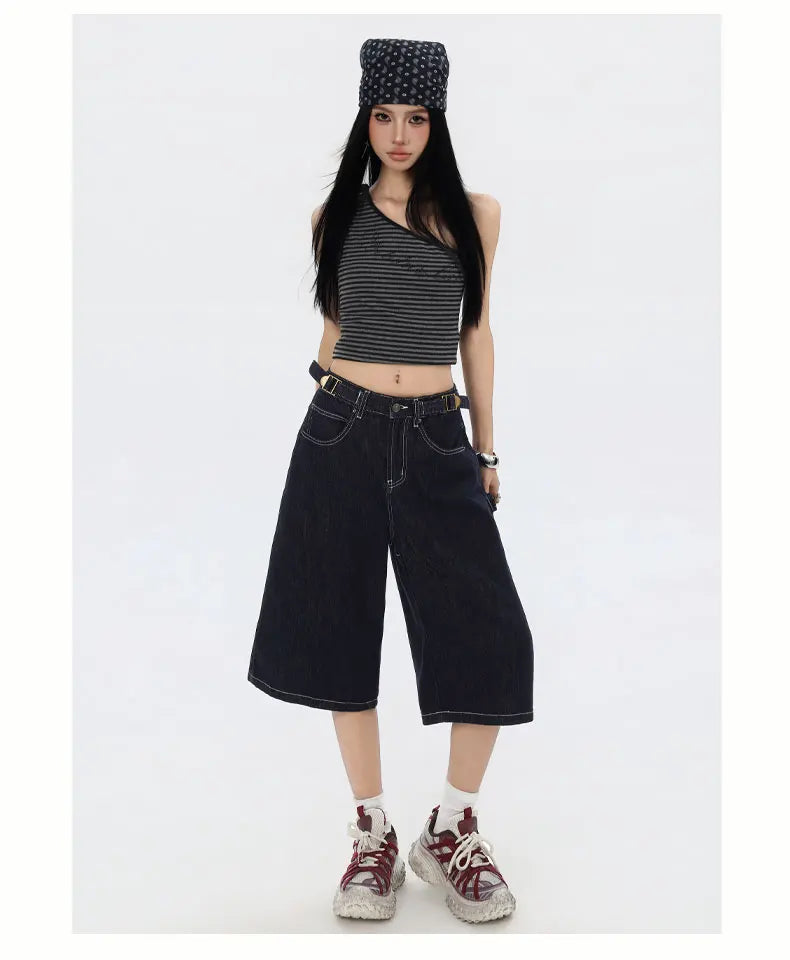 American High Street Fashion Loose Denim Shorts Retro Wide Leg Crop Pants Women Y2k High Waisted Embroidery Casual Mid Trouser