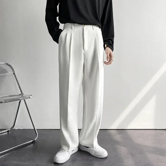 2024 Spring Autumn Men's Fashionable White Korean Style Casual Pants Street Draped Straight Loose Suit Casual Trousers Male
