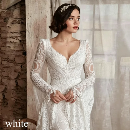 2026 Boho Mermaid Wedding Dresses Long Sleeve Pleat Sexy Lace Illusion Bridal Gown V-Neck Backless Zipper Sweep Train Customized