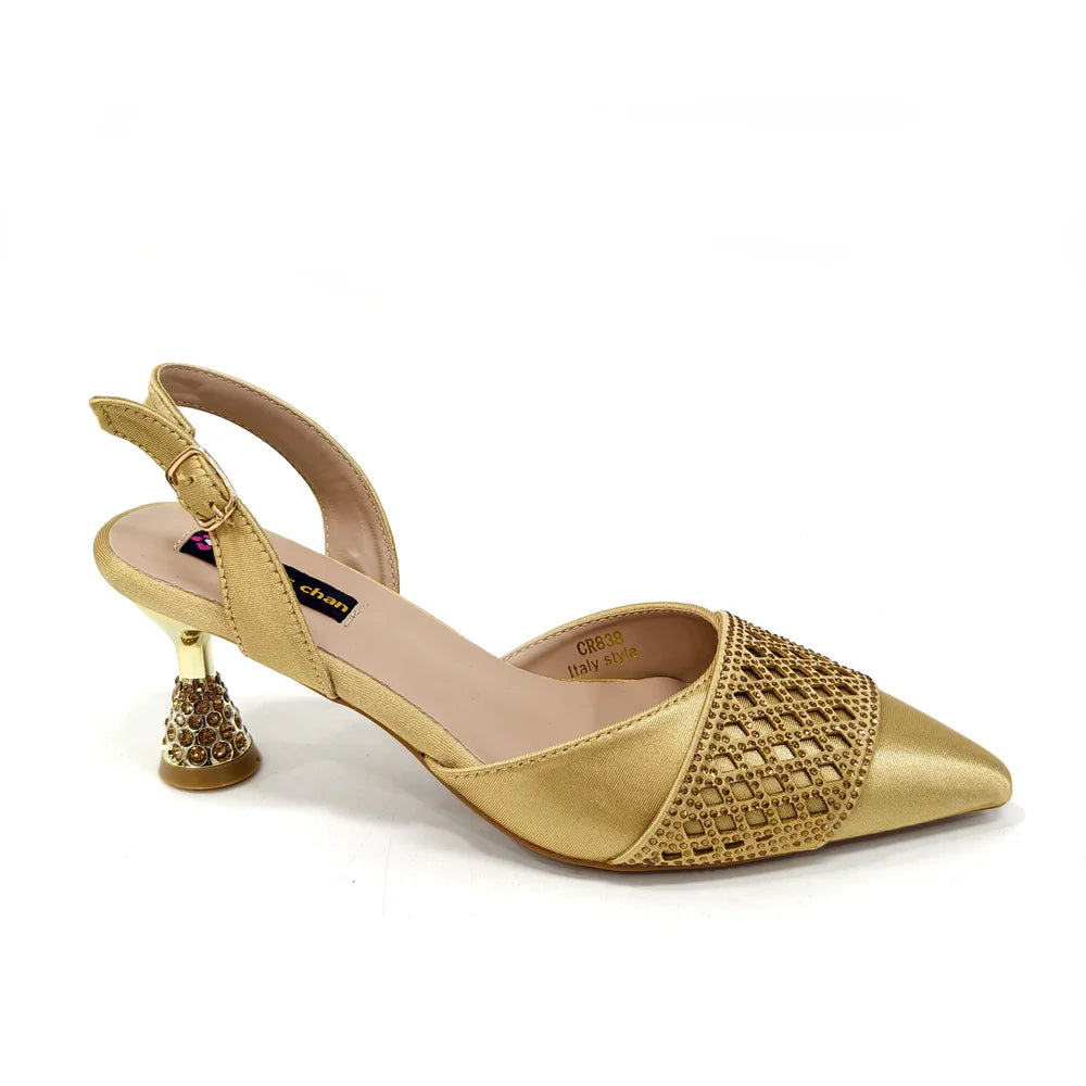 2025 New Summer Collection Stylish Italian Women’s Shoes and Bag Set in Gold Colour - Comfortable Mid Heels With Rhinestones