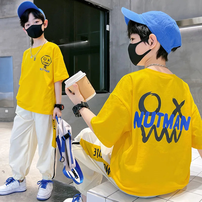 Summer Boys Cotton Contrast Alphabet t-Shirt Tops+Pants Set School Kids Tracksuit Children 2PCS Outfit Jogging Suit 5-16 Years