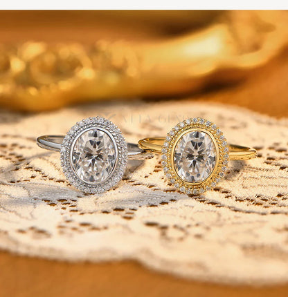 Oval Cut 2.0CT Moissanite Halo Engagement Ring for Women D VVS1 925 Silver 18K Gold Plated Luxury Band Wedding Jewelry