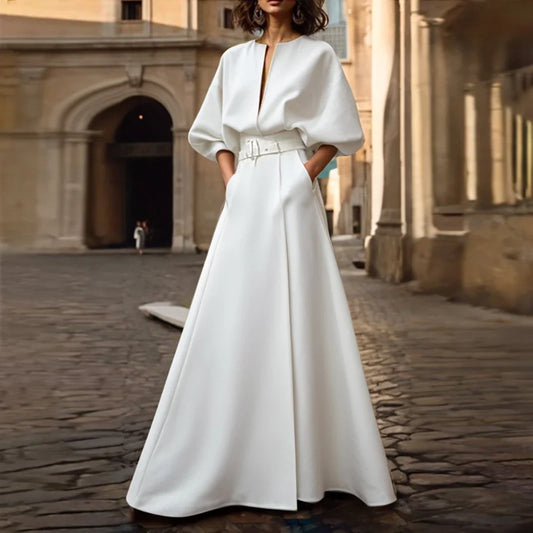 Modigirl Original Creation Dresses 2025 Woman Summer Spring Deep V-Neck Wedding Evening Birthday White Black Simple Maxi Dress