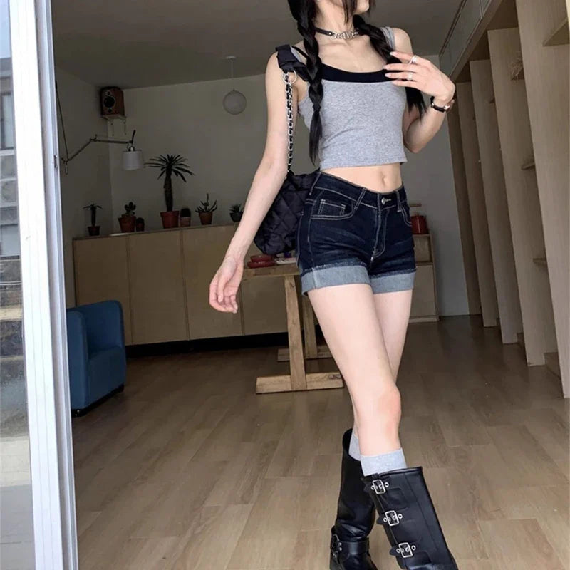 Retro Roll Up Hem Washed Denim Shorts Women Streetwear High Waist Slimming Hot Pants Korean Fashion Deep Blue Hip Wrapping Jeans