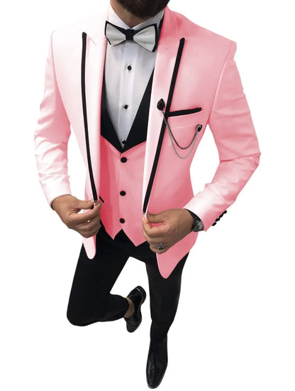 Men Suits Slim Fit One Button Casual Business Groomsmen Brown Peak Lapel Tuxedos For Formal Wedding (Blazer+Pants+Vest)