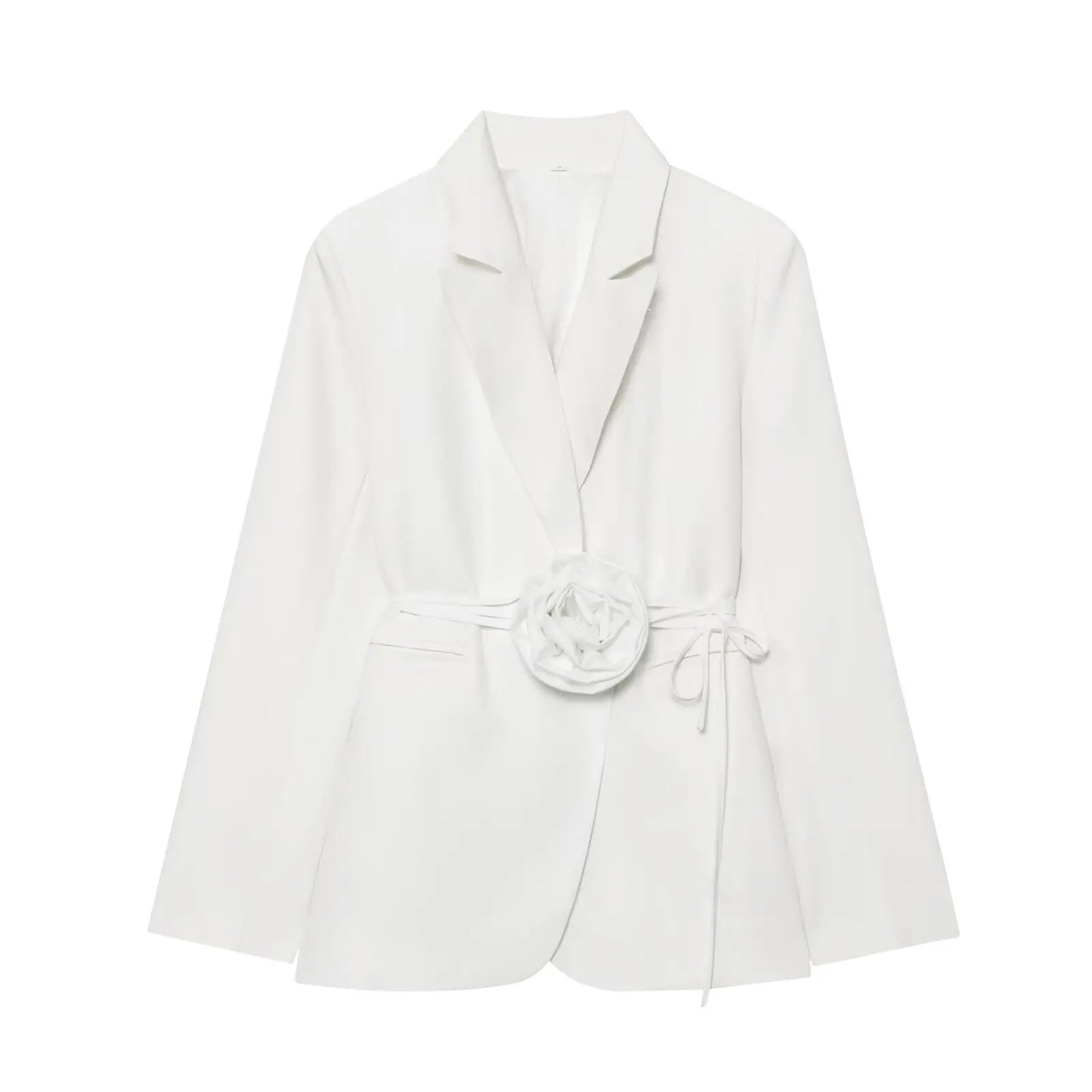 Women Notched Lapel Blazer with Floral Rose Belt Waist Tie Slim Long Sleeve Suit Jacket