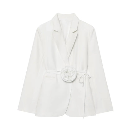 Women Notched Lapel Blazer with Floral Rose Belt Waist Tie Slim Long Sleeve Suit Jacket