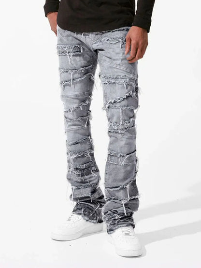 Straight Pant Men Jeans Denim Pants Slim Fit Irregular Folds Tassel Splice Simple Button Pocket High Street Trousers Spring