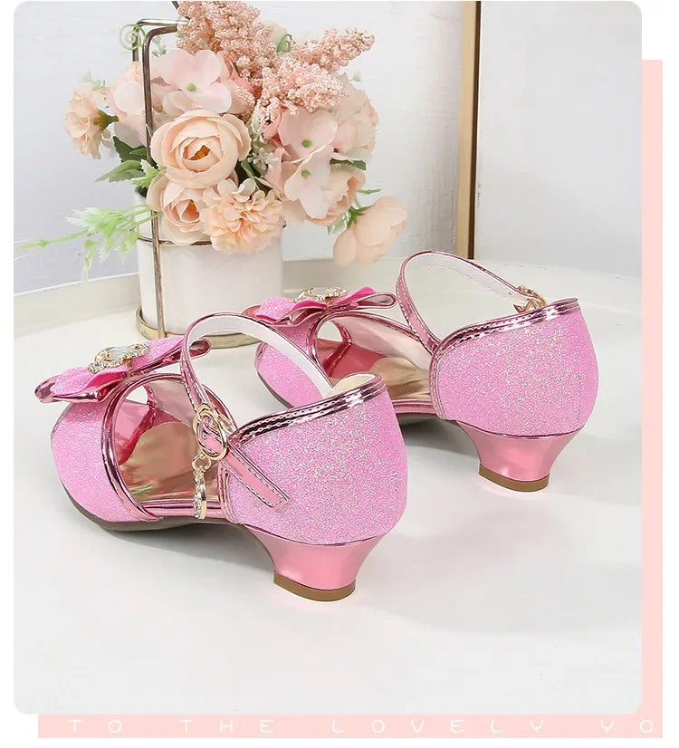 New Girl's High Heel Shoes for Kids Party Wedding Fashion Princess Causal Dress Shoes Sequins Versatile Children's Crown Sandals