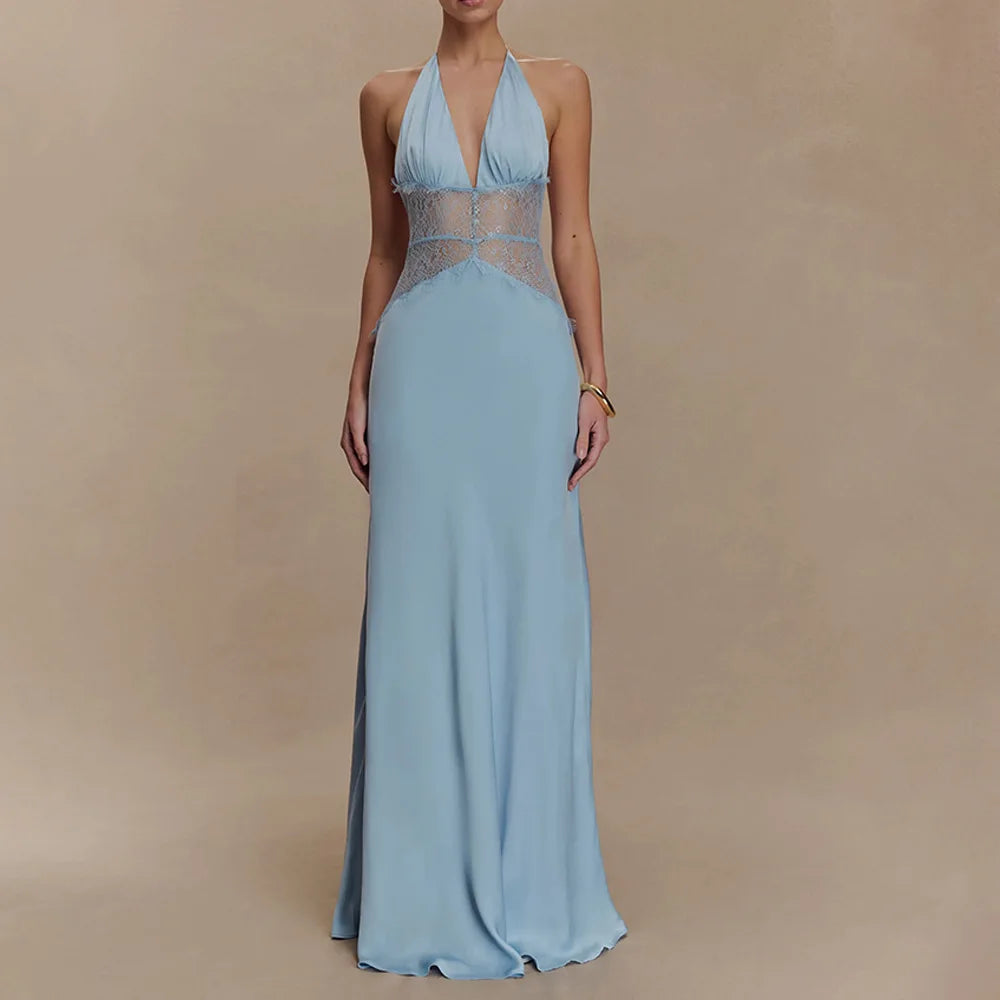 Sexy Deep V-neck Backless Lace Patchwork Satin Dresses for Women 2026 Summer Halter Sleeveless Long Maxi Party Evening Dress