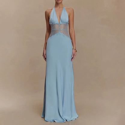 Sexy Deep V-neck Backless Lace Patchwork Satin Dresses for Women 2026 Summer Halter Sleeveless Long Maxi Party Evening Dress