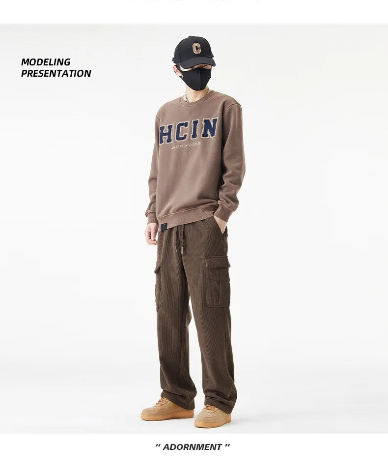 2026 New in Winter Corduroy Pants Men Straight Wide Leg Cargo Trouser Male Elastic Waist Loose Fit Thick Brown Warm Fleece Plush