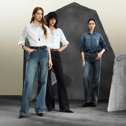 Women Denim Jeans 2025 Autumn New Lycra Stretch Straight Wide Leg Long pants