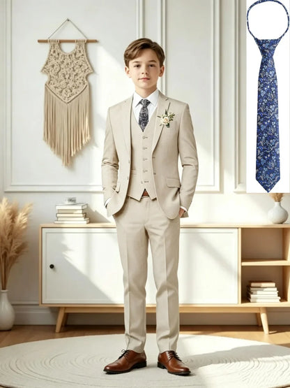 New lINENBoys Beige Suit Set 4 Pieces For Birthday Party Fast Delivery Kids Slim Fit Tuxedo Wedding Ring Bearer Outfit 3-14T