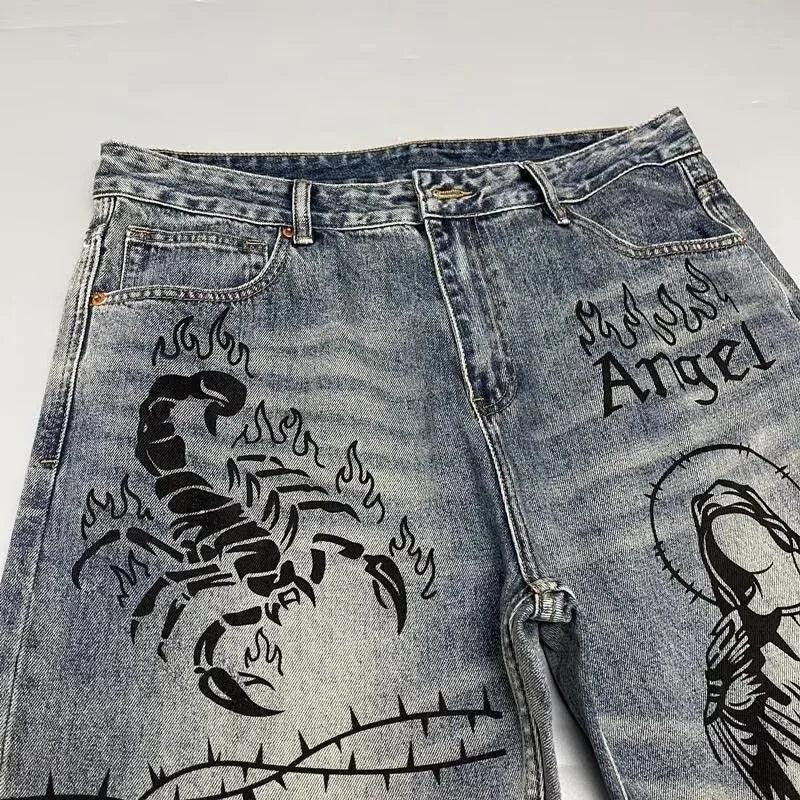 Autumn and Spring New Fashion Trend Printed Straight Leg Sports Denim Pants Men's Loose Comfortable Plus Size High Quality Pants