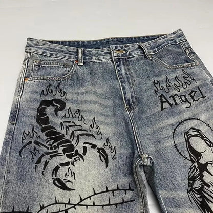 Autumn and Spring New Fashion Trend Printed Straight Leg Sports Denim Pants Men's Loose Comfortable Plus Size High Quality Pants