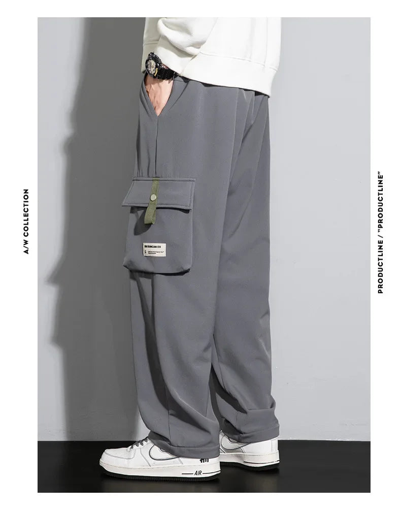 2026 Cargo Pants Men Straight Fit Wide Leg Fleece Lined Trouser Male Winter Fashion Loose Baggy Large Plus Size Warm Streetwear