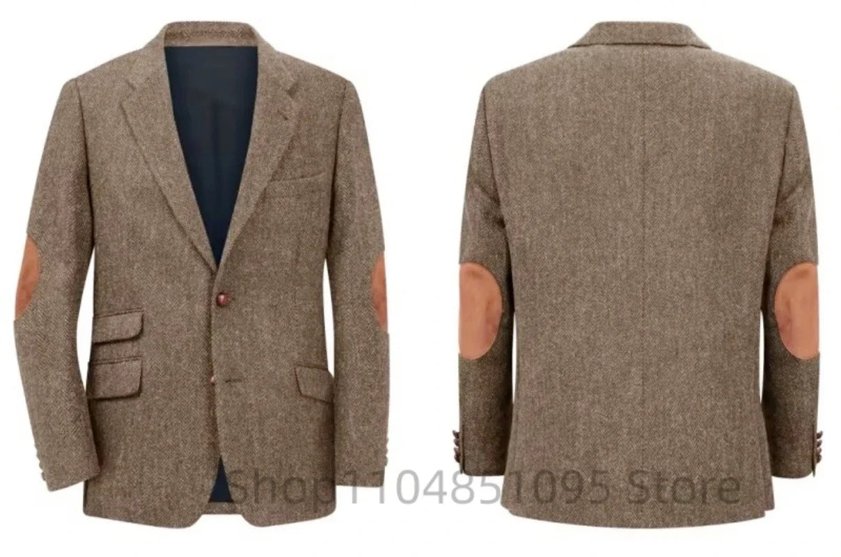 Men's Brown Herringbone Tweed Blazer Single Breasted Two Buttons Business Wedding Prom Tuxedo Jacket Casual Smart Suits Top