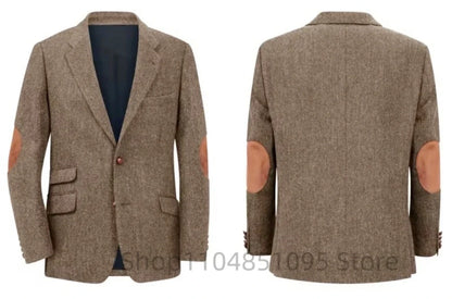 Men's Brown Herringbone Tweed Blazer Single Breasted Two Buttons Business Wedding Prom Tuxedo Jacket Casual Smart Suits Top