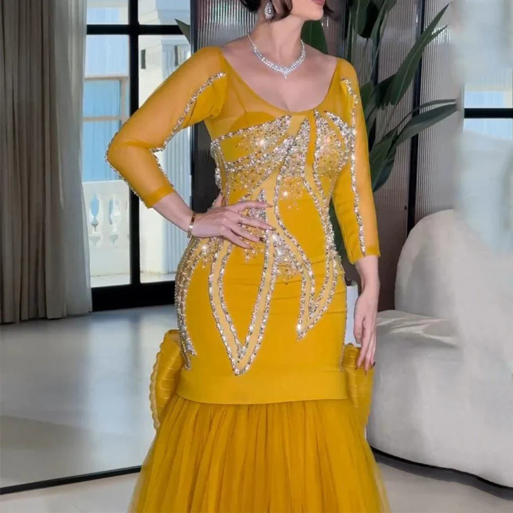 Yellow Tulle Evening Dress Scoop Neck Long Sleeve Exquisite Beading Mermaid Floor Length with Bow Women Gown Customized