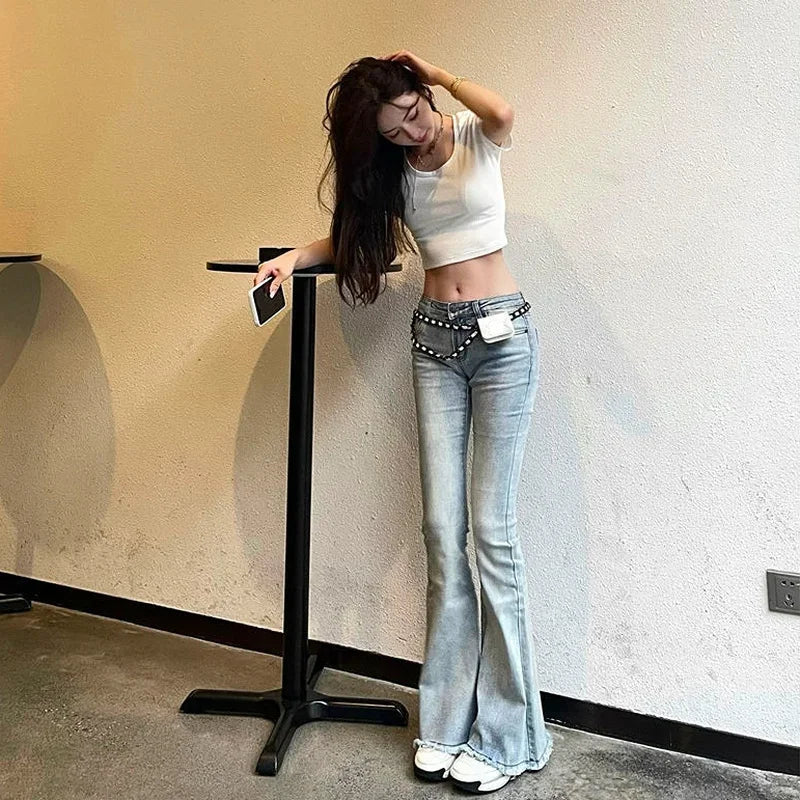 Low Rise Waist Bell Bottom Trousers Blue Pants for Woman Skinny Women's Jeans Flare Slim Fit Flared Baggy Stylish Summer Pant A