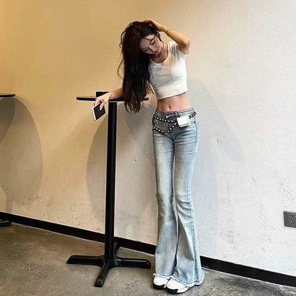 Low Rise Waist Bell Bottom Trousers Blue Pants for Woman Skinny Women's Jeans Flare Slim Fit Flared Baggy Stylish Summer Pant A