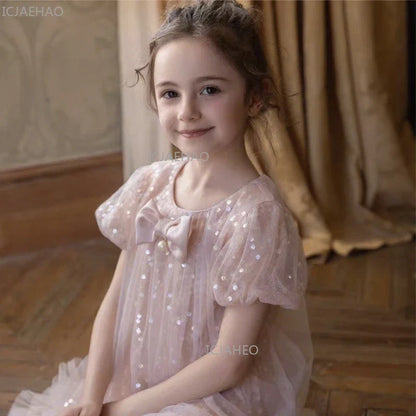 2026 New Summer Dress Girls Sequin Tulle Princess Party Gown Children Pageant Formal Attire Celebration Outfit Elegant Clothes