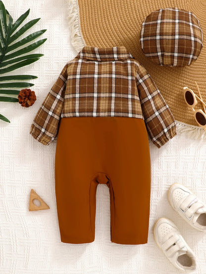 Cute Baby Boy Plaid Print Jumpsuit with Bow Tie & Checkered Beret.