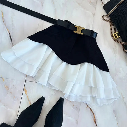 Denim Cake Skirt Women A Line Short Skirts High Waist Ruffles Elegant Splice Y2k Streetwear Party Pleated Slim Fit 2025 Spring