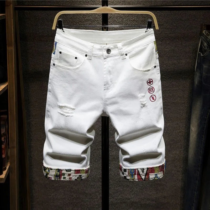 New Summer Fashion Trend Ripped Straight Tube Printed Denim Shorts Men's Casual Loose Comfortable Sports High Quality Pants