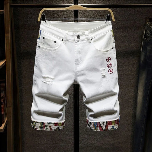 New Summer Fashion Trend Ripped Straight Tube Printed Denim Shorts Men's Casual Loose Comfortable Sports High Quality Pants