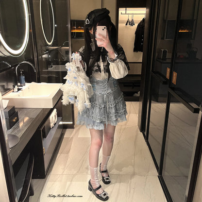 Japanese Original Lolita Lace Ruffle Edge Tied Bow High Waist Mini Skirt Spring Summer New Slim Waist Sweet Girl Y2k Skirt