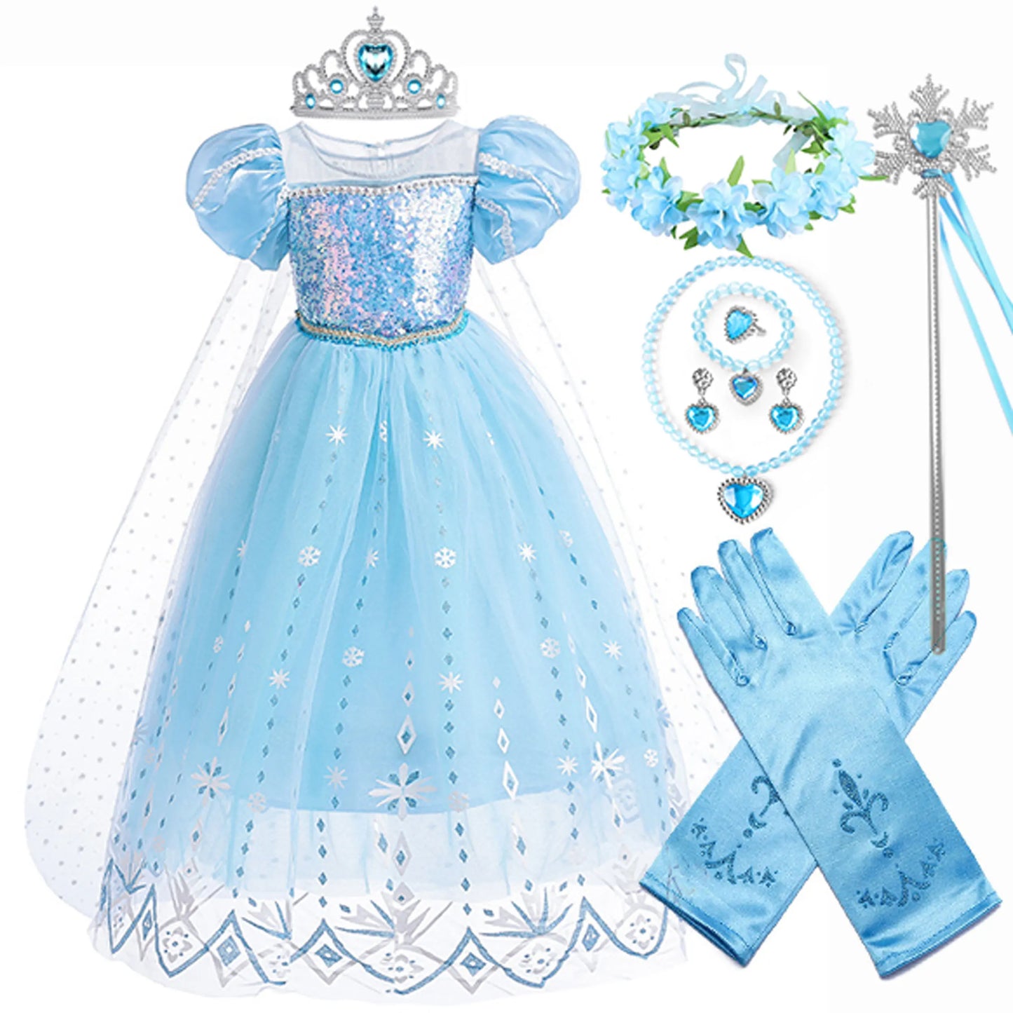 2026 Summer Frozen Costume Princess Dress for Girls White Sequined Carnival Dress Kids Cosplay Snow Queen Elsa Dress For Girls