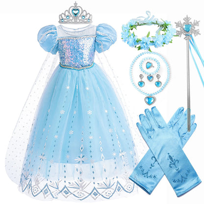 2026 Summer Frozen Costume Princess Dress for Girls White Sequined Carnival Dress Kids Cosplay Snow Queen Elsa Dress For Girls
