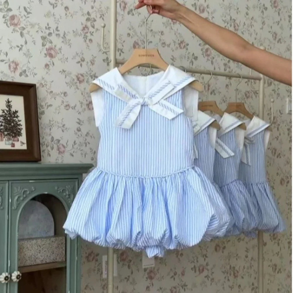 Summer Blue Striped Printed Princess Dress Sleeveless Collar Splicing Girls Dresses Korean Version Kids Casual Wear