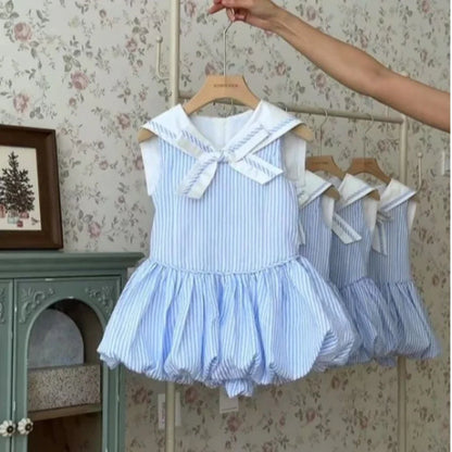 Summer Blue Striped Printed Princess Dress Sleeveless Collar Splicing Girls Dresses Korean Version Kids Casual Wear