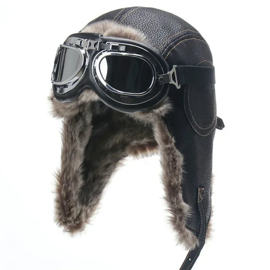Winter Men Bomber Hat With Goggles Outdoor Motorcycle Windproof Warm Faux Fur Pilot Earflap Hat Leather Thermal Ushanka